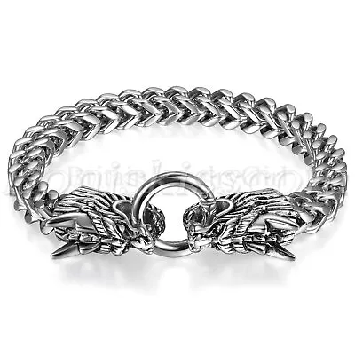 Mens Vintage Heavy Stainless Steel Double Dragon Head Bracelet Cuban Biker Chain • $16.99