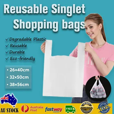 Reusable Plastic Singlet Shopping Bags Grocery Checkout Carry Heavy Degradable • $13.99