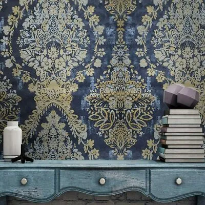 Textured Wallpaper Black Gray Gold Metallic Rusted Plaster Floral Damask 3D • $3.82