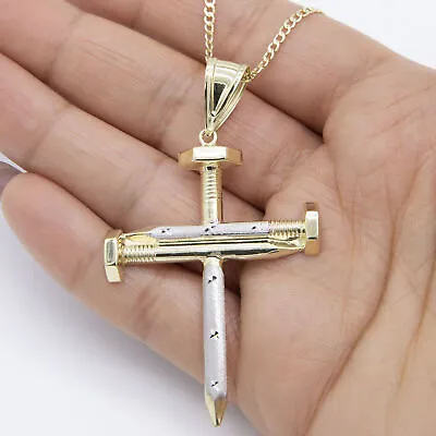 2 3/4  Screw Nail Cross Pendant & Chain Necklace Set Real 10K Yellow White Gold • $382.24