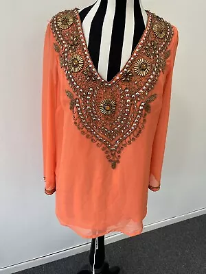Changes By Together Ladies Orange Floaty Bead Embellished Kaftan Top Size 10 • £5