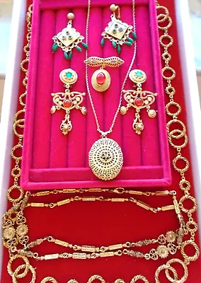 Vintage Jewelry Lot Signed Sarah Cov 1928 Gold Tone Red Cabochon Earrings Pin • $59
