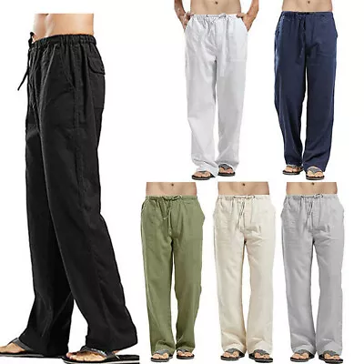 Summer Mens Casual Linen Baggy Pants Soft Cotton Trousers Elastic Waist Loose • £11.99