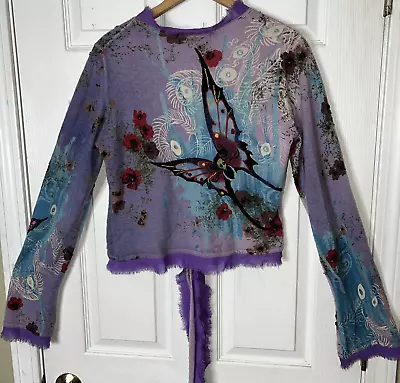 Vtg Sz Medium Raw 7 Cashmere Embroidered Tattoo Wrap Sweater Floral Butterfly • $49.99