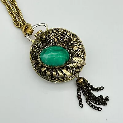 Vintage HARVESTER Gold Tone Green Cabochon & Filagree Mechanical Pendant Watch • $38.99