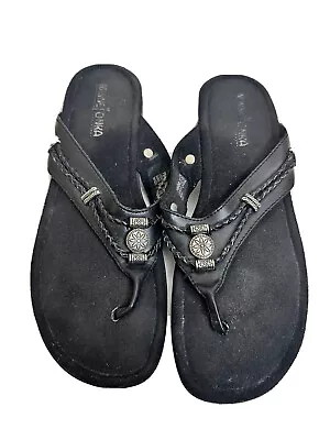 Minnetonka Sandals Womens Size 9 Leather Slip On Shoe Boho Southwestern Black • $15.87