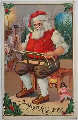 Vintage Postcard Christmas Embossed Santa Making Sled AA29 • $6.75