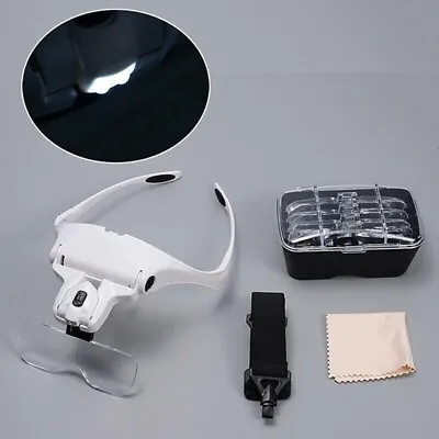 Magnifying Glass Headset LED Light Head Headband Magnifier Loupe Jeweler 5 Lens • £9.35