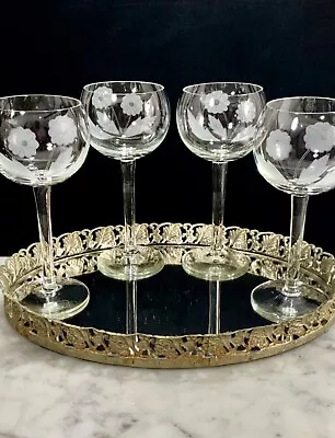 4 Toscany Wine Glasses Crystal Goblets Floral Etched Vintage • $28