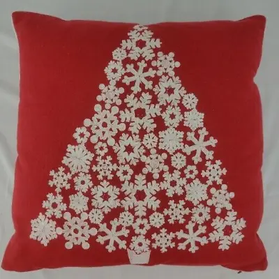 Red Wool Embroidered Pillow Snowflake XMAS Country Core Tree 18  Square Vtg • $22.95