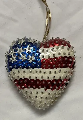Patriotic Sequin Pin HEART Ornament Vintage 4th Of July Holiday Red White Blue • $22.55