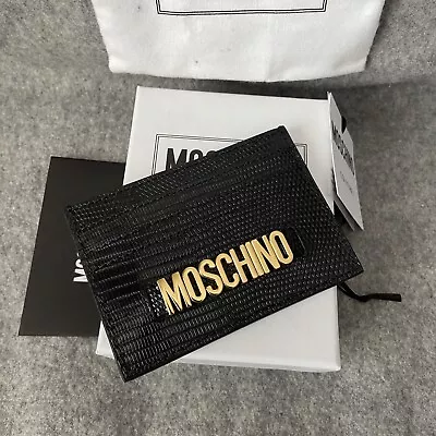 MWT Moschino Metal Logo Plaque Leather Cardholder Lizard Black • $128