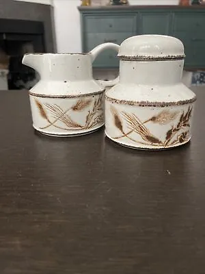 Midwinter Stonehenge Wild Oats Creamer & Sugar Bowl W/Lid Vtg Stoneware • $27.75