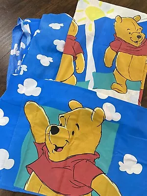 VTG Disney Winnie The Pooh Twin Bed Sheet Set Blue Clouds Fitted Flat Piglet • $22.99