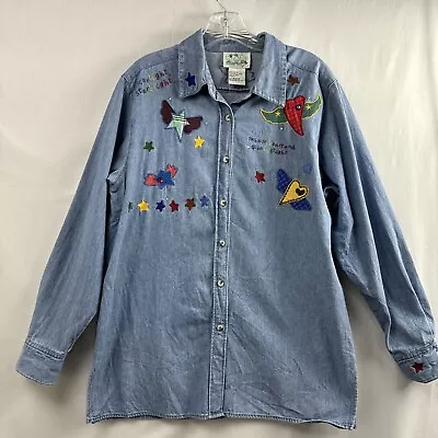 Quacker Factory Shirt Womens M Denim Button Up Embroidered Starlight Starbright • $16.58