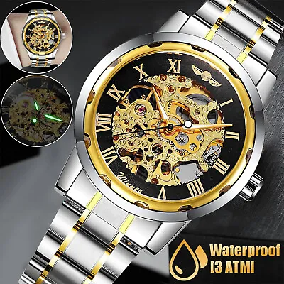 Men's Stainless Steel Luxury Gold Tone Skeleton Automatic Mechanical Wrist Watch • $19.98