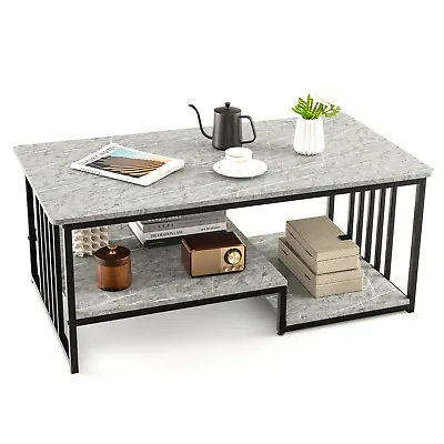 Rectangular 2-Tier Coffee Table Faux Marble Center Table With Open Storage Shelf • $101.95