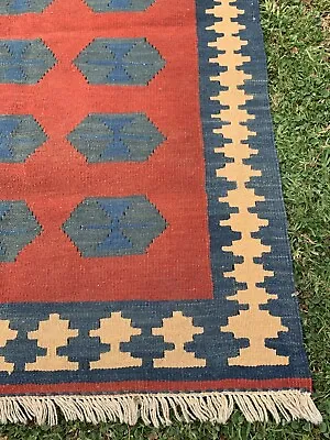 Lovely Persian Kilim  100% Wool Rug With Blue Green Motifs & Blue Cream Borders • $510