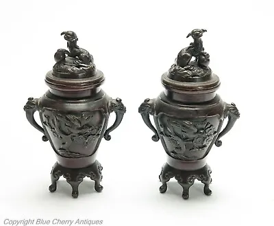 £225 • Buy Pair Antique Japanese Meiji Period Patinated Cast Bronze Koro With Foo Dogs