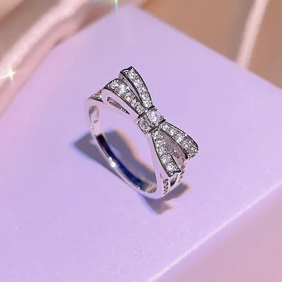 925 Sterling Silver Crystal Bow Ring Women's Wedding Rings Jewelry Size 6-10 • $7.51