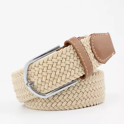 Men Women's Leather Covered Buckle Woven Elastic Stretch Belt 1-1/4  Wide New • $7.52