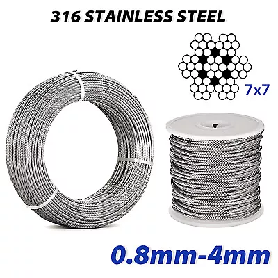 STAINLESS Steel AISI 316 Wire Rope Cable Rigging 0.8mm 1mm 1.5mm 2mm 3mm 4mm • £3.11