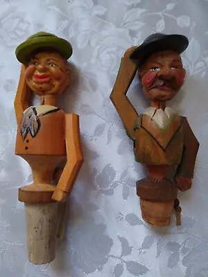 Two Vintage ANRI Italy Wood Carved Mechanical Bottle Stoppers With Tipping Hats • $44.99