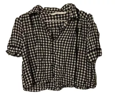 Zara Blouse Shirt Top Womens Size S Small Gingham Cropped Ties Viscose Black  • $19.44