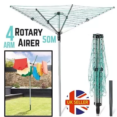Rotary Airer 4 Arm 50m Outdoor Clothes Washing Line Dryer Ground Spike • £34.99