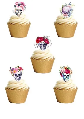 24 Stand Up Red Rose Flower SKULL Premium Edible Wafer Paper Cupcake Toppers • £2.49