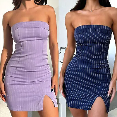 Women Tube Top Dress Slim Fit Vertical Stripe Zipper Side Slit Clubwear Clothing • $23.45