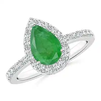 ANGARA Pear Emerald Ring With Diamond Halo For Women Girls In 14K Solid Gold • $1283.92