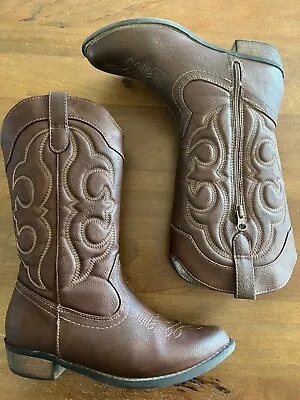 Cat And Jack Montana Girl's Western Boots Brown Faux Leather Side Zip Size 4 • $18.81