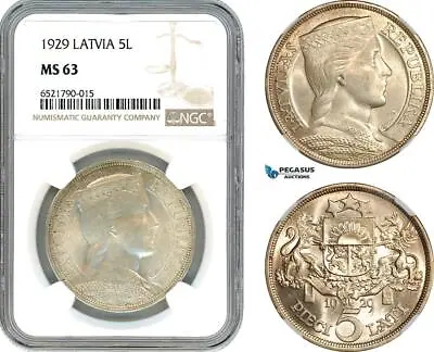 AI553 Latvia 5 Lati 1929 Silver NGC MS63 • $259