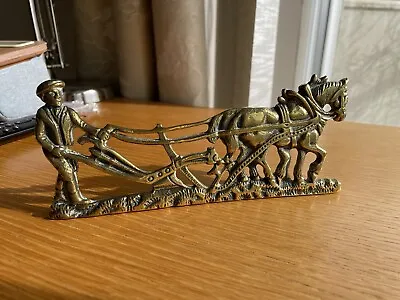 VINTAGE BRASS PLOUGHMAN AND HORSE PLOUGHING 20cm X 8cm • £7.50