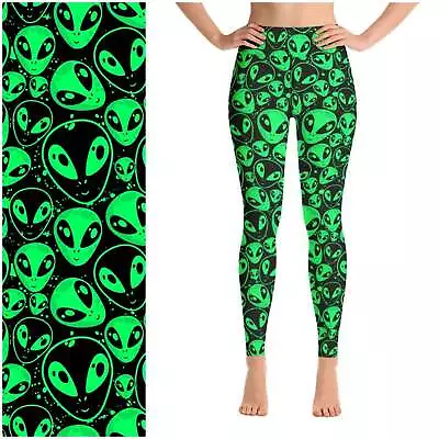 Green Aliens Leggings On Black Background Full Length NO Pockets • $34.99