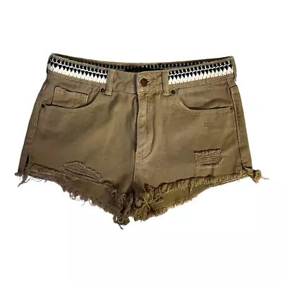 P.S. Erin Wasson Womens Cut-Off Shorts Brown Distressed Embroidered High Rise 28 • $16.99