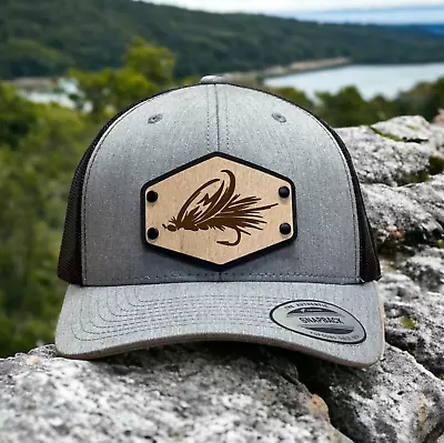 Wood Leather Patch Trucker Hat Cap Flying Fishing Hook With Back Mesh Custom • $23.99