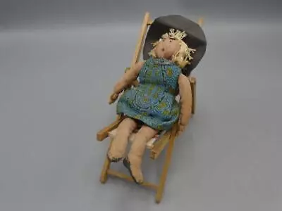 Vintage Handmade Stockingnette Miniature Cloth Doll On Beach Chair • $12