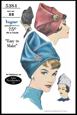 Vogue #5384 Toque Pixie Hat ~John Frederics~ Fabric Sewing Pattern Chapeau Chemo • $4.99