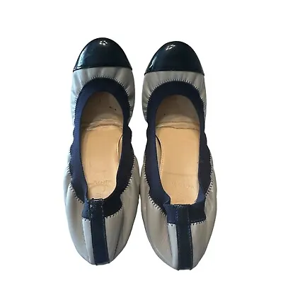 J. Crew Amelia Leather Ballet Flats Woman's Sz 8.5 Grey Navy Patent Cap Toe • $20.97