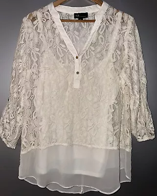 AGB Lace Pullover Blouse W/ Cami Women Size XL Ivory 3/4 Sleeves • £19.45