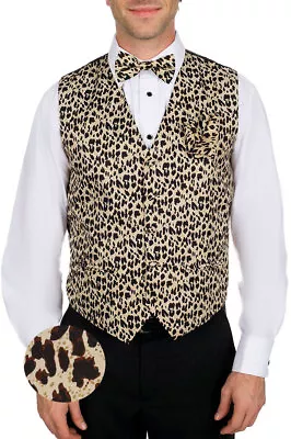 Men's Leopard Animal Print Tuxedo Vest Bowtie Hanky Set Proms Fashion Waistcoat • $33.95