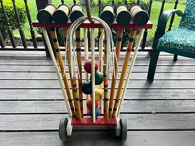 Croquet Set With Rolling Stand 6 Player Complete Vintage Lawn Yard Game • $149