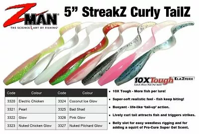 $9.40 • Buy ZMan StreakZ 5  Curly TailZ Soft Plastic Fishing Lure - Choose Colour BRAND NEW 