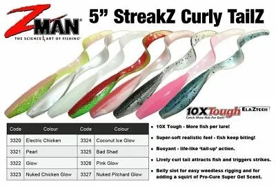 ZMan StreakZ Curly Tail 5  Soft Plastic Fishing Lure - Choose Colour BRAND NEW @ • $11.99