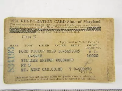 1951 Maryland Car Registration Stub Card Vintage • $11.99