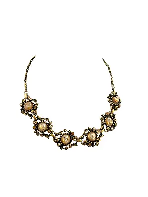 Vintage Coro Des Pat Antique Gold Necklace W/ Lucite Cabs Rhinestone & Pearls • $25