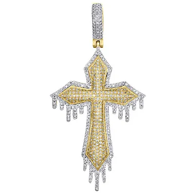 10K Yellow Gold Diamond Tiered Drip Cross Pendant 2.15  Mens Pave Charm 0.87 CT. • $1135