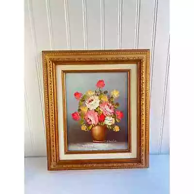 Vintage Artist Signed Floral Oil Painting Framed Pink Bouquet Flowers S. Banton  • $89.99